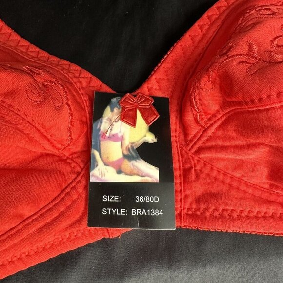 Red Bra 28C No Underwire Soft Comfortable Fit With Embroidered Floral Grapes - Picture 4 of 10